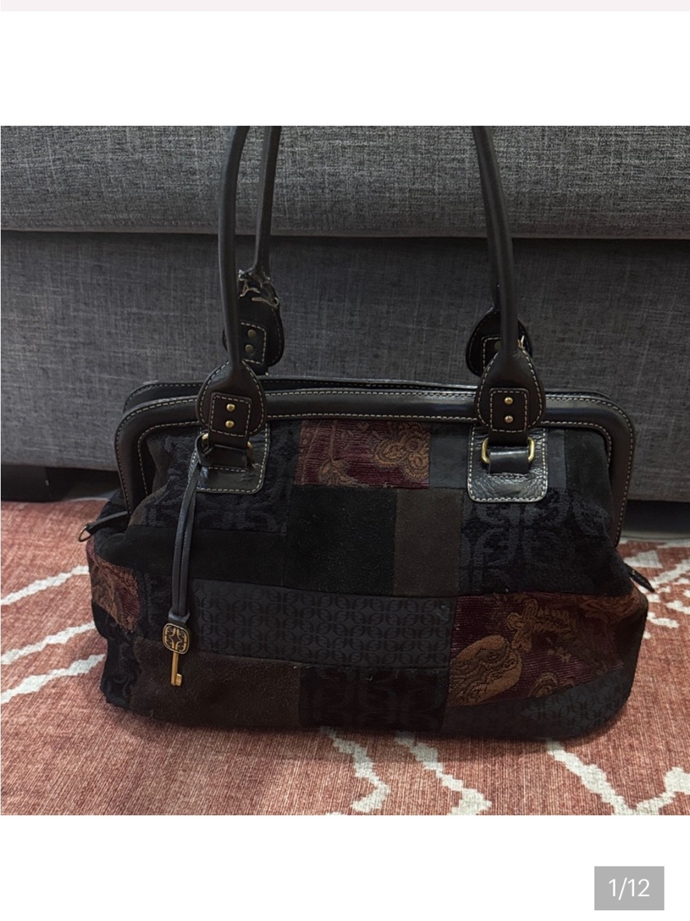 👜 Vintage Fossil Patchwork Suede Leather Satchel Shoulder Bag w/ Key Charm